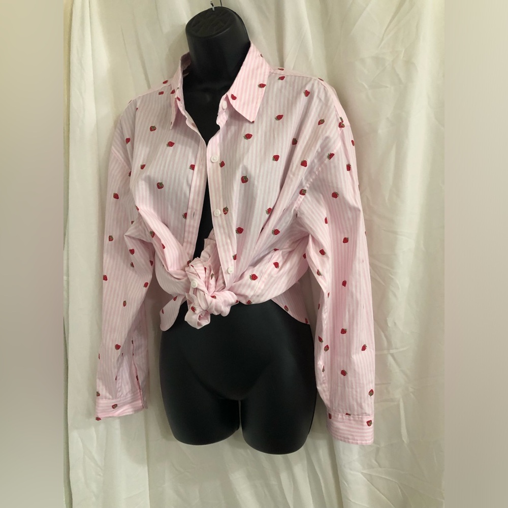 Nine West pink white striped strawberry button down menswear shirt size large - Picture 15 of 16